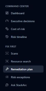 Real excerpt of the StackArc menu: Command Center with Dashboard, Executive decisions, Cost of risk and Risk timeline; then scans, resource search and remediation plan.